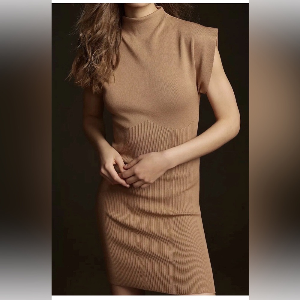 Anthropologie Camel Ribbed Mock-Neck Midi Dress